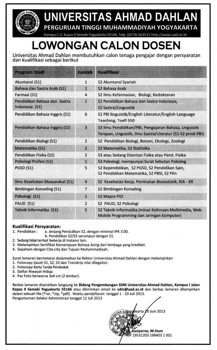 lowongan dosen Universitas Ahmad Dahlan 2013